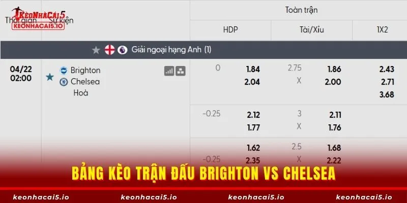 Bảng kèo trận đấu Brighton vs Chelsea