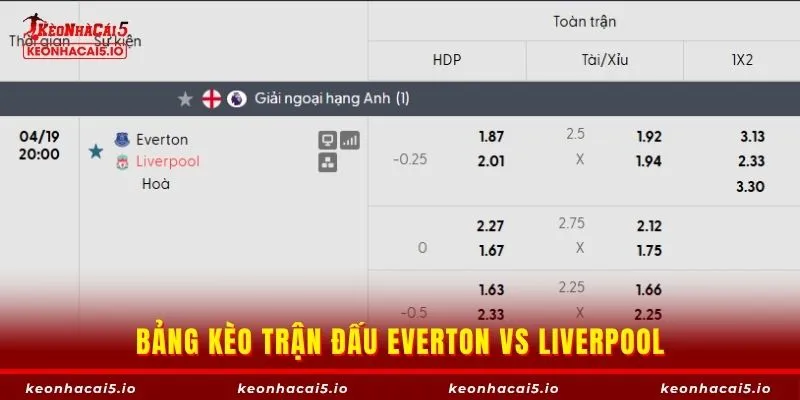 Bảng kèo trận đấu Everton vs Liverpool