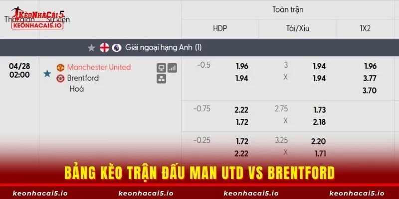 Bảng kèo trận đấu Man Utd vs Brentford